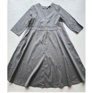 NWT Harshman 3/4 Sleeve A-Line Midi Dress Womens S Grey Cotton Drawstring Waist